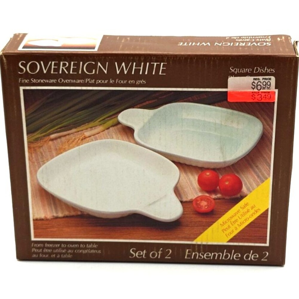 NOS 2 Sovereign White Oven Ware Square Handled Flat Dish